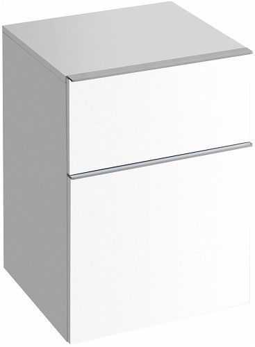 Szafka wisząca, boczna, niska 450 x 477 x 600 mm biała połysk 2 szuflady, chromowane uchwyty GEBERIT iCon | 840045000