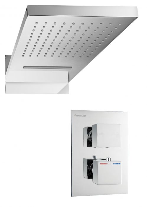 Bateria natryskowa ścienna podtynkowa termostatyczna ARMATURA KRAKÓW CASSINI mosiężna chrom z kaskadą w komplecie: deszczownica prostokątna 230 x 550 mm, bateria 130 x 200 mm | 84281100