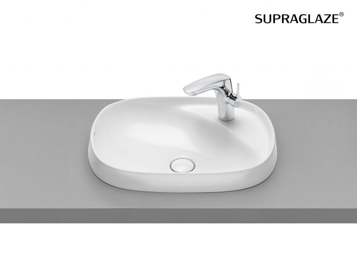 Umywalka FINECERAMIC ROCA BEYOND blatowa z otworem bez przelewu z korkiem 585 x 450 x 120 mm biała z powłoką SUPRAGLAZE | A3270B6S00