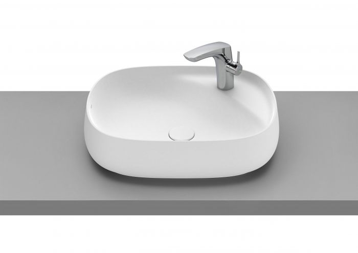 Umywalka ceramiczna ROCA BEYOND nablatowa z otworem bez przelewu z korkiem ze zintegrowaną półką 585 x 455 x 160 mm biała mat | A3270B8620