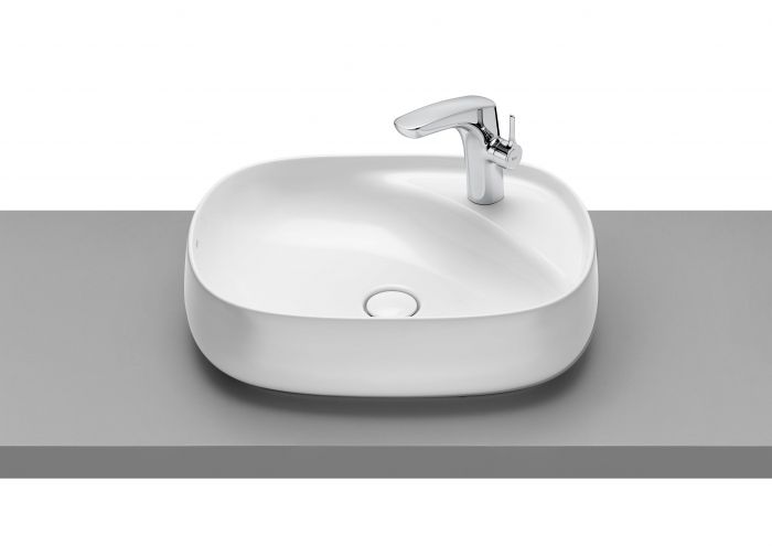 Umywalka ceramiczna ROCA BEYOND nablatowa z otworem bez przelewu z korkiem z półką po prawej stronie 585 x 455 mm biała z powłoką Supraglaze | A3270B8S00