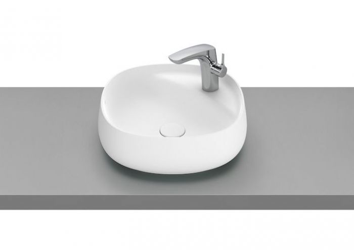Umywalka FINECERAMIC ROCA BEYOND nablatowa z otworem bez przelewu z półką i otworem po prawej stronie 455 x 455 x 160 mm biała | A3270B9620