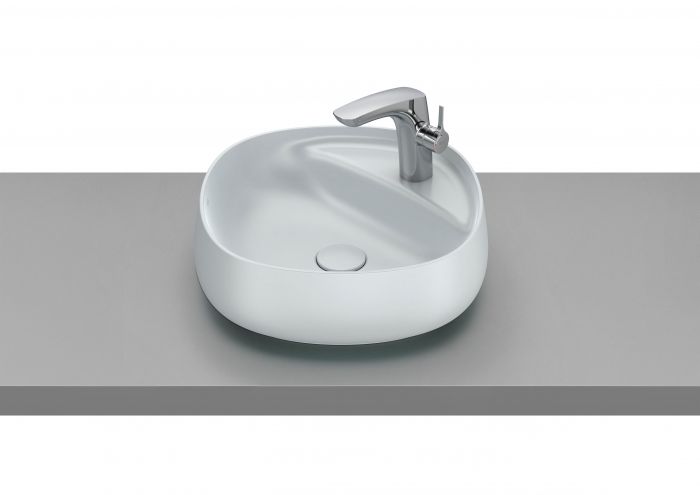 Umywalka  FINECERAMIC ROCA BEYOND nablatowa z otworem bez przelewu z półką i otworem po prawej stronie 455 x 455 x 160 mm perłowa  | A3270B9630