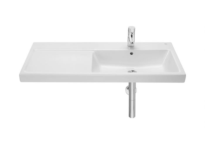 Umywalka ceramiczna ROCA GAP ścienna asymetryczny z otworem z przelewem z półką 1000 x 460 x 175 mm biała z powłoką Supraglaze w komplecie zestaw montażowy | A3270MES00