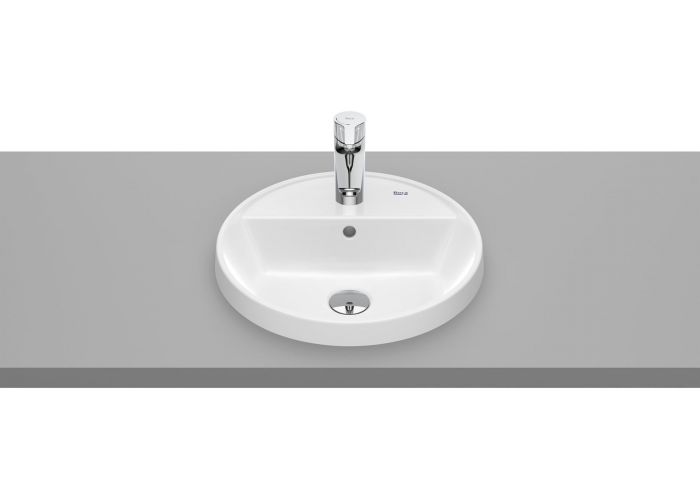 Umywalka ceramiczna ROCA GAP ROUND blatowa okrągły z otworem z przelewem ze zintegrowaną półką 400 x 400 x 40 mm biała z powłoką Supraglaze | A3270Y4S00