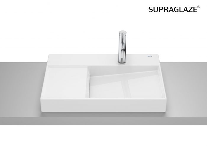 HORIZON VIEW umywalka nablatowa z otworem bez przelewu ze zintegrowaną półką 600 x 420 x 80 mm biała połysk z powłoką Supraglaze