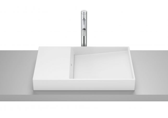 Umywalka finecaramic® ROCA HORIZON DASH nablatowa bez otworu bez przelewu ze zintegrowaną półką 600 x 380 x 80 mm biała matowa | A32727962B