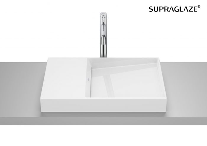 Umywalka finecaramic ROCA HORIZON DASH nablatowa bez otworu bez przelewu ze zintegrowaną półką 600 x 380 x 80 mm biała z powłoką SUPRAGLAZE | A327279S0B