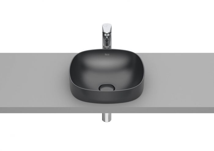 Umywalka FINECERAMIC ROCA INSPIRA SOFT blatowa cienkościenna bez otworu bez przelewu z korkiem 370 x 370 x 75 mm onyks | A32750R640
