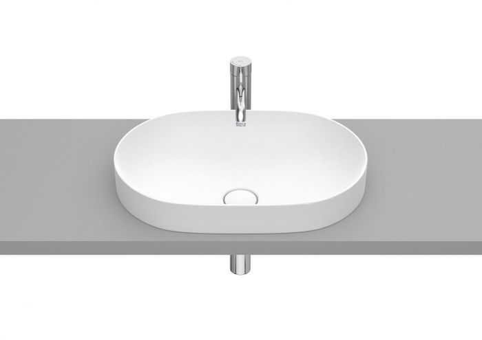 Umywalka FINECERAMIC ROCA INSPIRA ROUND blatowa cienkościenna owalny bez otworu bez przelewu z korkiem 550 x 370 x 75 mm biała matowa | A327527620