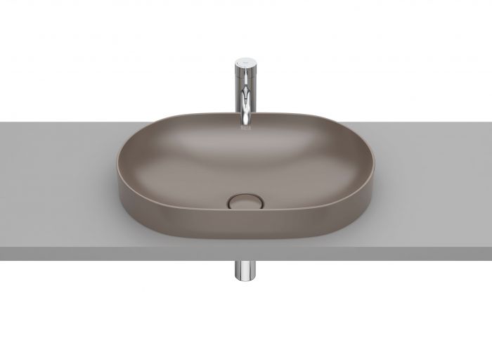 Umywalka FINECERAMIC ROCA INSPIRA ROUND blatowa cienkościenna owalny bez otworu bez przelewu z korkiem 550 x 370 x 75 mm cafe | A327527660