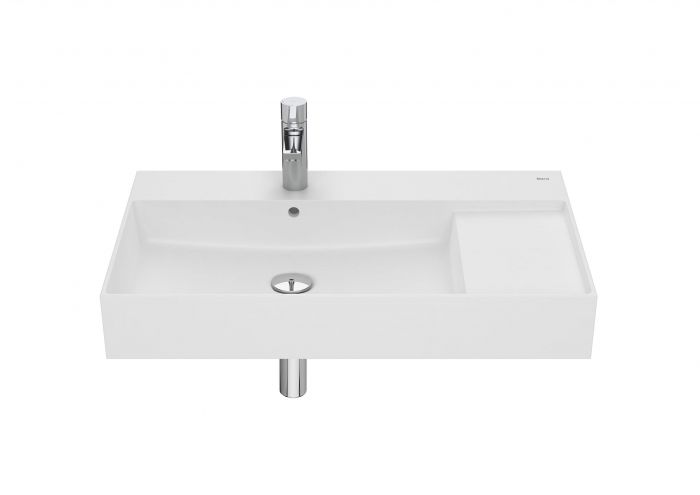 Umywalka ceramiczna FINECERAMIC ROCA INSPIRA SQUARE ścienna cienkościenna półka po prawej stronie 800 x 490 x 120 mm biała matowa w komplecie zestaw montażowy | A32752B620