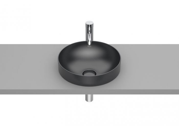 Umywalka FINECERAMIC ROCA INSPIRA ROUND blatowa okrągły bez otworu bez przelewu z korkiem 370 x 370 x 75 mm onyks | A32752R640