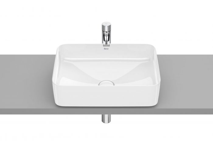 Umywalka FINECERAMIC ROCA INSPIRA SQUARE nablatowa cienkościenna bez otworu bez przelewu z korkiem 500 x 370 x 140 mm biała z powłoką Supraglaze | A327530S00