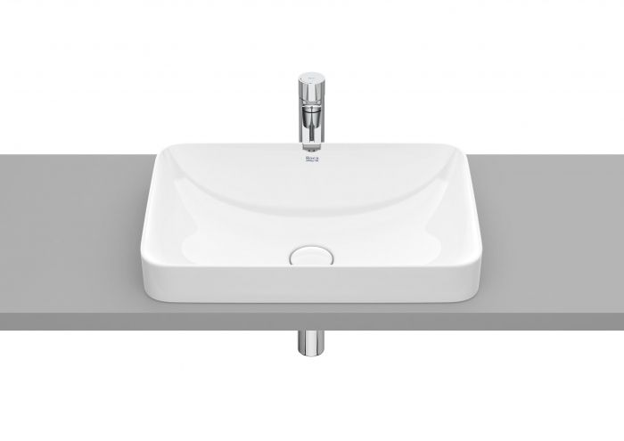 Umywalka FINECERAMIC ROCA INSPIRA SQUARE blatowa cienkościenna prostokątny bez otworu z korkiem 550 x 370 x 75 mm biała z powłoką Supraglaze | A327534S00