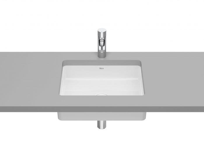 Umywalka FINECERAMIC ROCA INSPIRA SQUARE podblatowa prostokątny bez otworu bez przelewu z korkiem 495 x 390 x 138 mm biała z powłoką Supraglaze | A327536S00