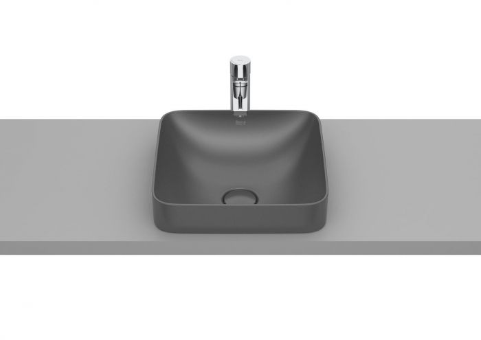 Umywalka FINECERAMIC ROCA INSPIRA SQUARE blatowa cienkościenna kwadratowy bez otworu bez przelewu z korkiem 370 x 370 x 75 mm onyks | A32753R640