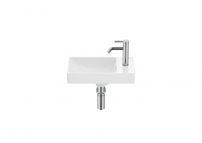 Umywalka ceramiczna FINECERAMIC ROCA ONA ścienna mała Compacto z otworem z przelewem asymetryczna 450 x 260 x 150 mm biała z powłoką Supraglaze w komplecie: zestaw montażowy | A327681S00
