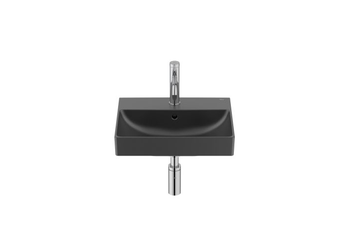 Umywalka Compacto FINECERAMIC ® ROCA ONA ścienna mała z otworem z przelewem 360 x 150 mm czarny mat | A327682080