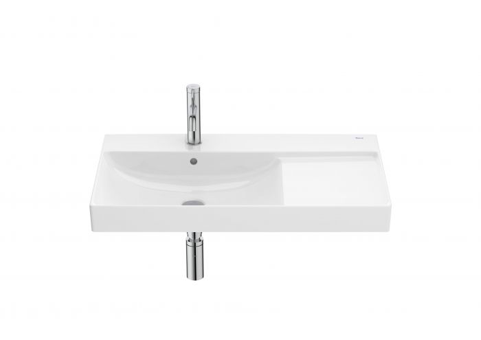 Umywalka ceramiczna FINECERAMIC ROCA ONA ścienna asymetryczna z otworem z przelewem 800 x 460 mm biała bez powłoki w komplecie: zestaw mocujący do ściany | A327689000