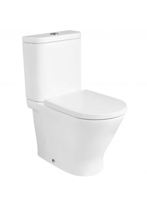 Miska WC ceramiczna przyścienna z powłoką Supraglaze ROCA GAP ROUND do kompaktu, bezkołnierzowa Rimless w zestawie zestaw montażowy i kolanko 37 x 60 x 40 cm biała  | A3420N7S00