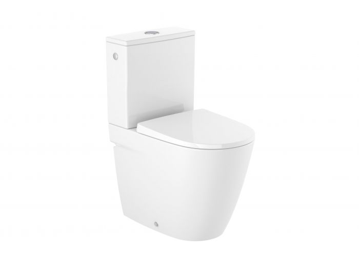 Miska WC ceramiczna przyścienna ROCA ONA bezkołnierzowa Rimless w komplecie: zestaw montażowy do podłogi i kolanko odpływowe do montażu pionowego 37 x 60 cm biała | A342688000