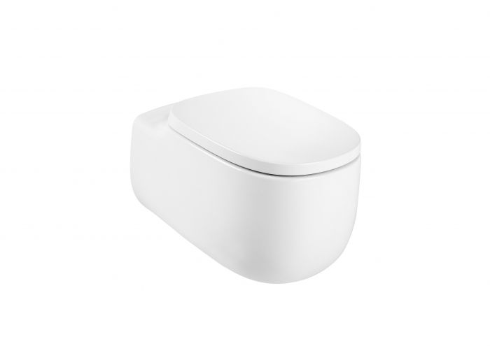 Miska WC ceramiczna montaż na stelażu/do ściany z powłoką Supraglaze ROCA BEYOND podwieszana Rimless w komplecie zestaw montażowy 39.5 x 58 cm biała | A3460B7S00