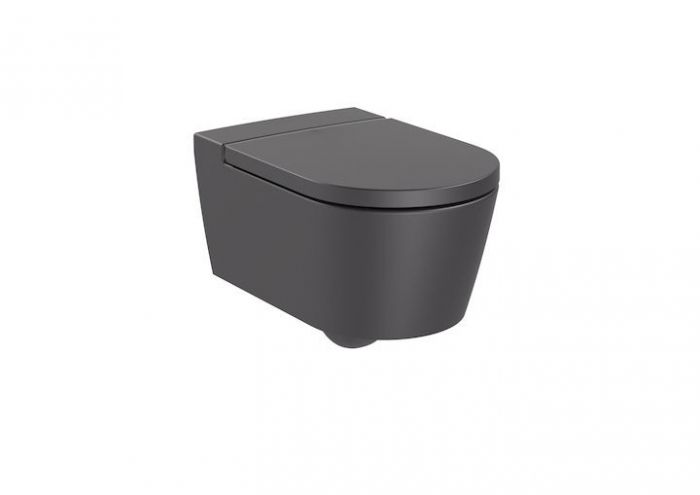 Miska montaż do ściany na stelażu ROCA INSPIRA ROUND podwieszana Rimless - bezkołnierzowa z zestawem montażowym 37 x 56 cm onyks | A346527640