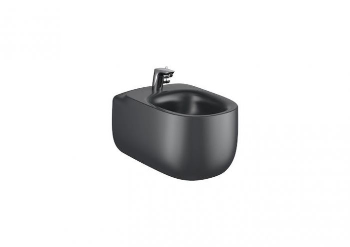 Bidet ceramiczny podwieszany, montaż na stelażu/ do ściany bez powłoki ROCA BEYOND w komplecie: zestaw montażowy 39.5 x 34.5 x 58 cm onyks | A3570B5640