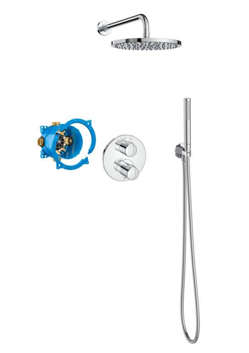Zestaw prysznicowy termostatyczny ROCA T-1000 4w1 podtynkowy chrom w komplecie: przyłącze kątowe AQUA 1/2" z uchwytem na słuchawkę (A5B5250C00), uniwersalny element podtynkowy (A525869403), wąż prysznicowy metalowy 1,70m (A5B2716C00), ramię ścienne do gło