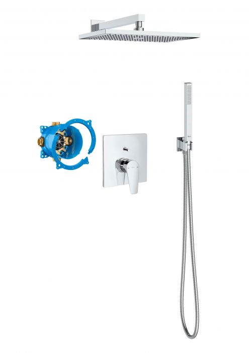 Zestaw prysznicowy pack 4w1 ROCA ATLAS podtynkowy chrom w komplecie: przyłącze kątowe Aqua Square 1/2" z uchwytem, uniwersalny element podtynkowy, wąż metalowy 1,70m, ramię ścienne Square 400mm, element zewnętrzny baterii wannowo-prysznicowej do łączenia