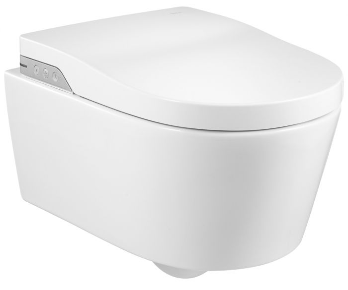 INSPIRA miska WC ceramiczna podwieszana Rimless odpływ poziomy, 230 V 56.2 x 39 x 47.6 cm biała z deską myjącą z pilotem, z uchwytem montażowym do pilota, oświetleniem LED