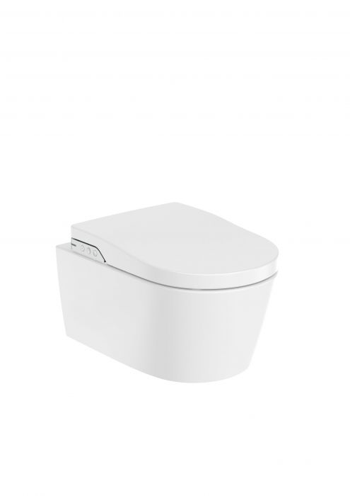 INSPIRA miska WC ceramiczna myjąca Rimless odpływ poziomy, 230 V 58.5 x 38.5 x 48 cm biała z oświetleniem LED, przepływowy podgrzewacz wody, czujnik obecności z deską myjącą, zintegrowanym zbiornikiem na wodę, pilotem i kolankiem