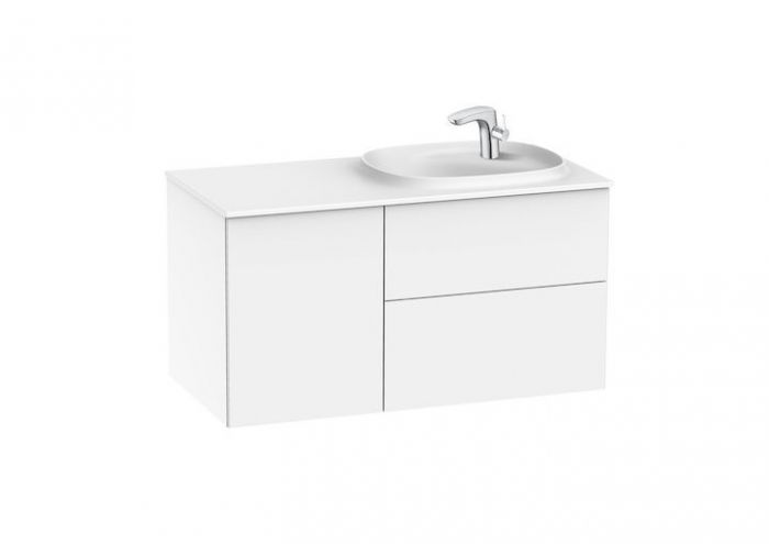 Zestaw łazienkowy 1000 x 505 x 525 mm biały połysk ROCA BEYOND UNIK szafka 2 szufladowa z modułem bocznym po lewej stronie oraz umywalką asymetryczną konglomeratową SURFEX po prawej stronie  | A851390806
