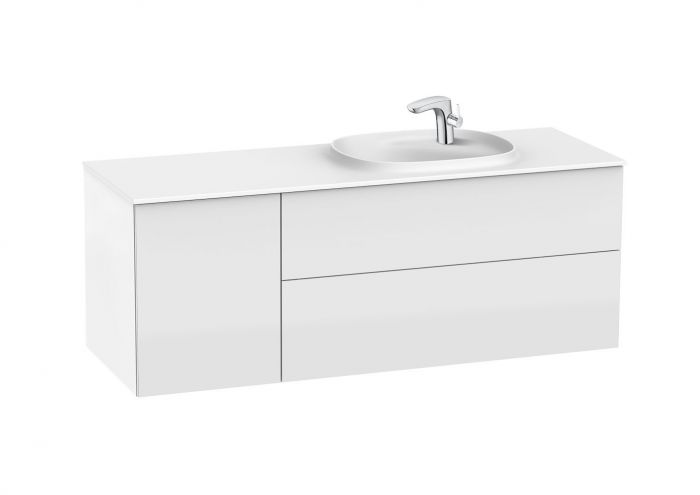 Zestaw łazienkowy 1400 x 505 x 525 mm biały połysk ROCA BEYOND UNIK szafka 2 szufladowa z modułem bocznym po lewej stronie oraz umywalką asymetryczną konglomeratową SURFEX po prawej stronie | A851394806