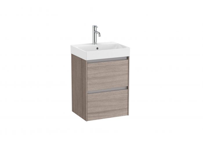 Zestaw łazienkowy ciemny wiąz ROCA ONA UNIK w komplecie: umywalka ceramiczna compacto 45 x 36 cm z otworem na baterię na środku, szafka compacto z 2 szufladami, syfon oszczędzający miejsce, zestaw montażowy | A851681511