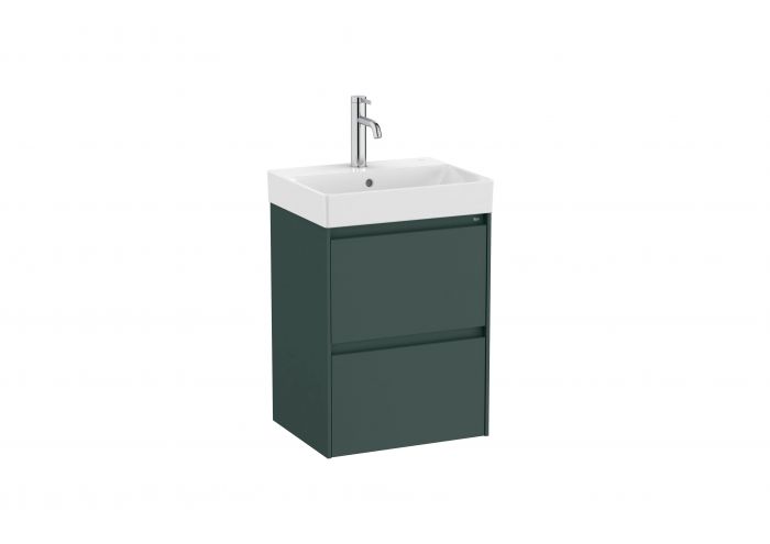 Zestaw łazienkowy ciemny zielony mat ROCA ONA UNIK w komplecie: umywalka ceramiczna compacto 45 x 36 cm z otworem na baterię na środku, szafka compacto z 2 szufladami, syfon oszczędzający miejsce, zestaw montażowy | A851681513