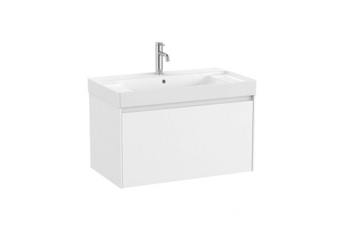 Zestaw łazienkowy biały mat ROCA ONA UNIK w komplecie: umywalka ceramiczna 80 x 46 cm z otworem na baterię na środku, szafka z 1 szufladą, zestaw montażowy  | A851685509