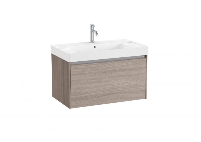 Zestaw łazienkowy ciemny wiąz ROCA ONA UNIK w komplecie: umywalka ceramiczna 80 x 46 cm z otworem na baterię na środku, szafka z 1 szufladą, zestaw montażowy | A851685511