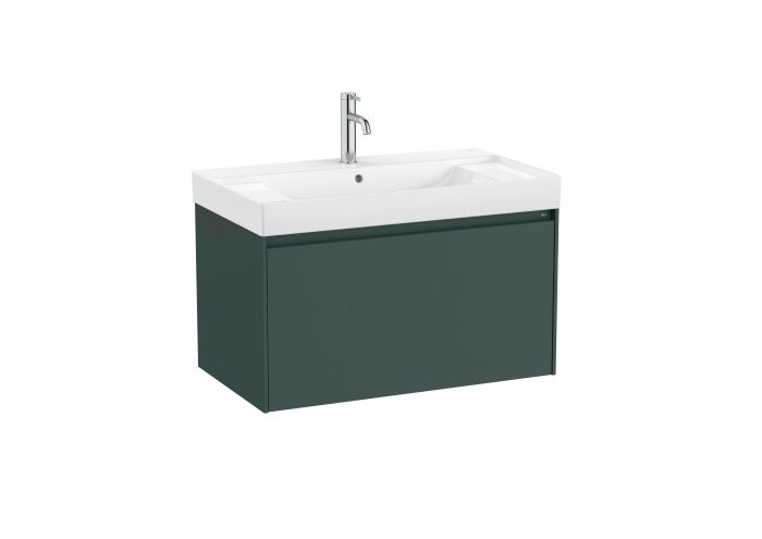 Zestaw łazienkowy ciemny zielony mat ROCA ONA UNIK w komplecie: umywalka ceramiczna 80 x 46 cm z otworem na baterię na środku, szafka z 1 szufladą, zestaw montażowy  | A851685513