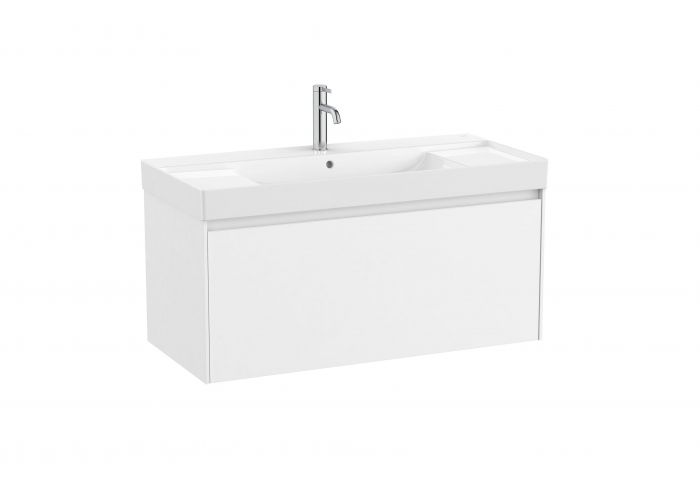 Zestaw łazienkowy biały mat ROCA ONA UNIK w komplecie: umywalka ceramiczna 100 x 46 cm z otworem na baterię na środku, szafka z 1 szufladą, zestaw montażowy | A851686509