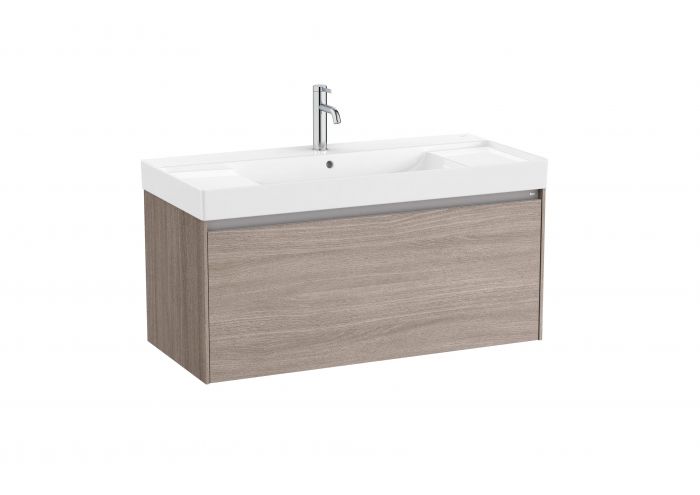 Zestaw łazienkowy ciemny wiąz ROCA ONA UNIK w komplecie: umywalka ceramiczna 100 x 46 cm z otworem na baterię na środku, szafka z 1 szufladą, zestaw montażowy | A851686511