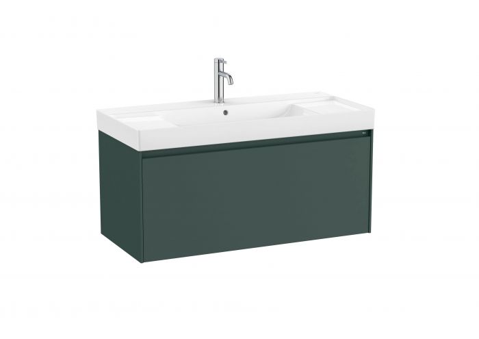 Zestaw łazienkowy ciemny zielony mat ROCA ONA UNIK w komplecie: umywalka ceramiczna 100 x 46 cm z otworem na baterię na środku, szafka z 1 szufladą, zestaw montażowy | A851686513