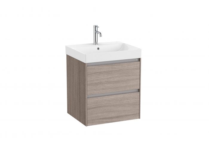 Zestaw łazienkowy ciemny wiąz ROCA ONA UNIK w komplecie: umywalka ceramiczna 55 x 46 cm z otworem na baterię na środku, szafka z 2 szufladami, zestaw montażowy  | A851687511