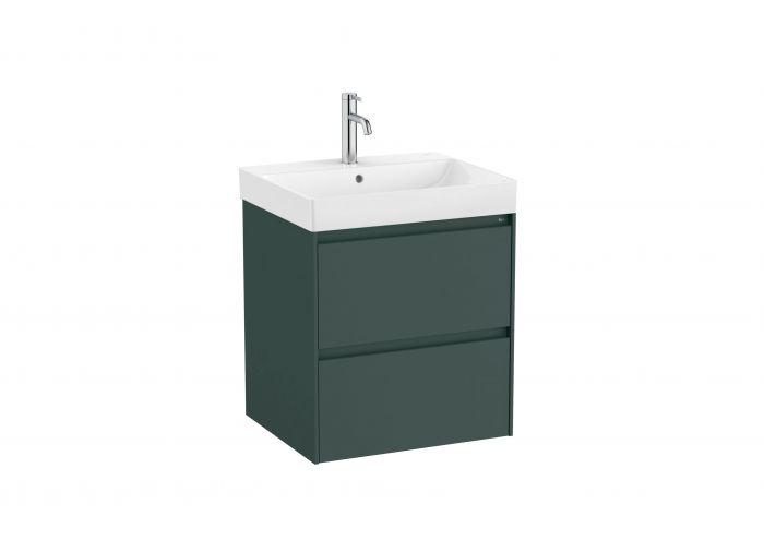 Zestaw łazienkowy ciemny zielony mat ROCA ONA UNIK w komplecie: umywalka ceramiczna 55 x 46 cm z otworem na baterię na środku, szafka z 2 szufladami, zestaw montażowy | A851687513