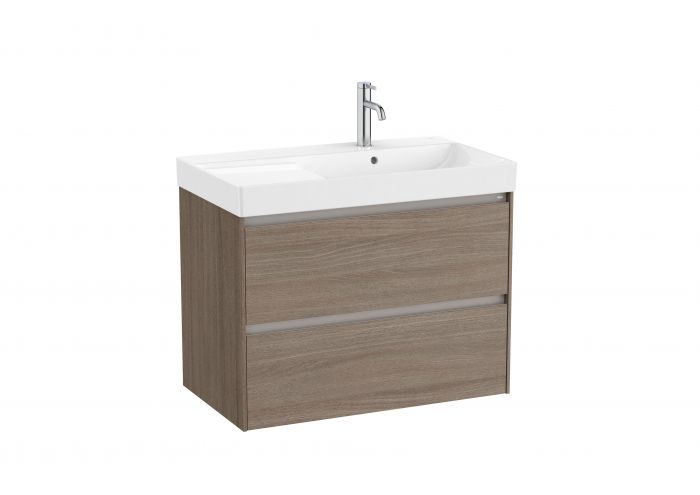 Zestaw łazienkowy 800 x 460 x 645 mm ciemny wiąz ROCA ONA UNIK w komplecie: umywalka ceramiczna FINECERAMIC 80 x 46 cm z otworem na baterię na środku (A327688004), szafka z 2 szufladami (A857629511), zestaw montażowy | A851690511