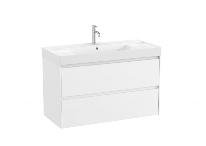 Zestaw łazienkowy biała ROCA ONA UNIK w komplecie: umywalka ceramiczna 100 x 46 cm z otworem na baterię na środku, szafka z 2 szufladami, zestaw montażowy | A851693509
