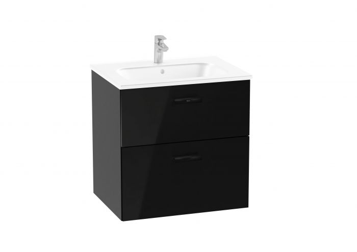 Zestaw łazienkowy UNIK 605 x 460 x 605 mm czarny połysk ROCA VICTORIA PRO szafka z 2 szufladami (bez uchwytów), umywalka ceramiczna z otworem na baterię na środku, zestaw montażowy | A851879351