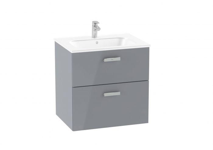 Zestaw łazienkowy UNIK 591 x 460 x 618 mm jasny szary połysk ROCA VICTORIA PRO szafka z 2 szufladami (bez uchwytów), umywalka, zestaw montażowy | A851879516