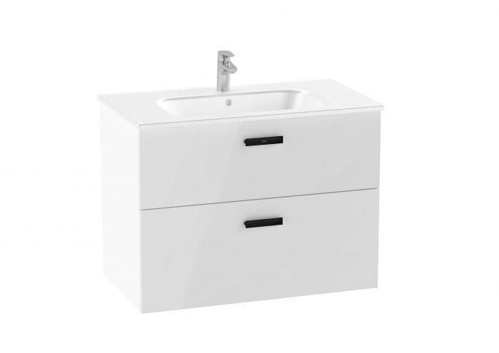Zestaw łazienkowy 806 x 460 x 605 mm biały połysk ROCA VICTORIA PRO UNIK umywalka ceramiczna z otworem na baterię na środku, szafka z 2 szufladami (bez uchwytów), zestaw montażowy | A851880806